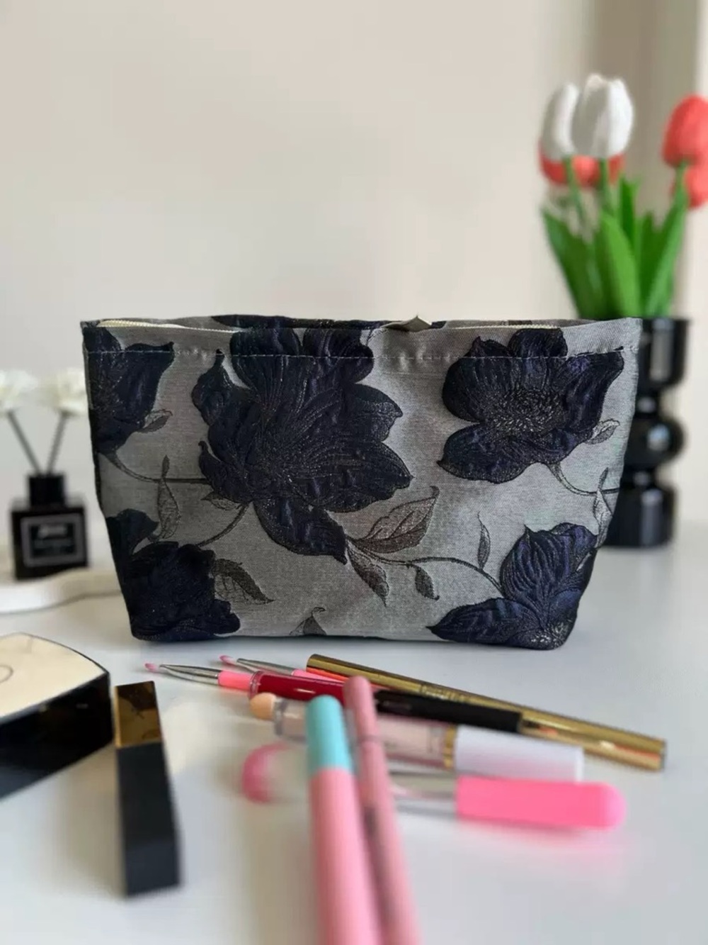 Embroidered Floral Cosmetic Bag in Gray and Black